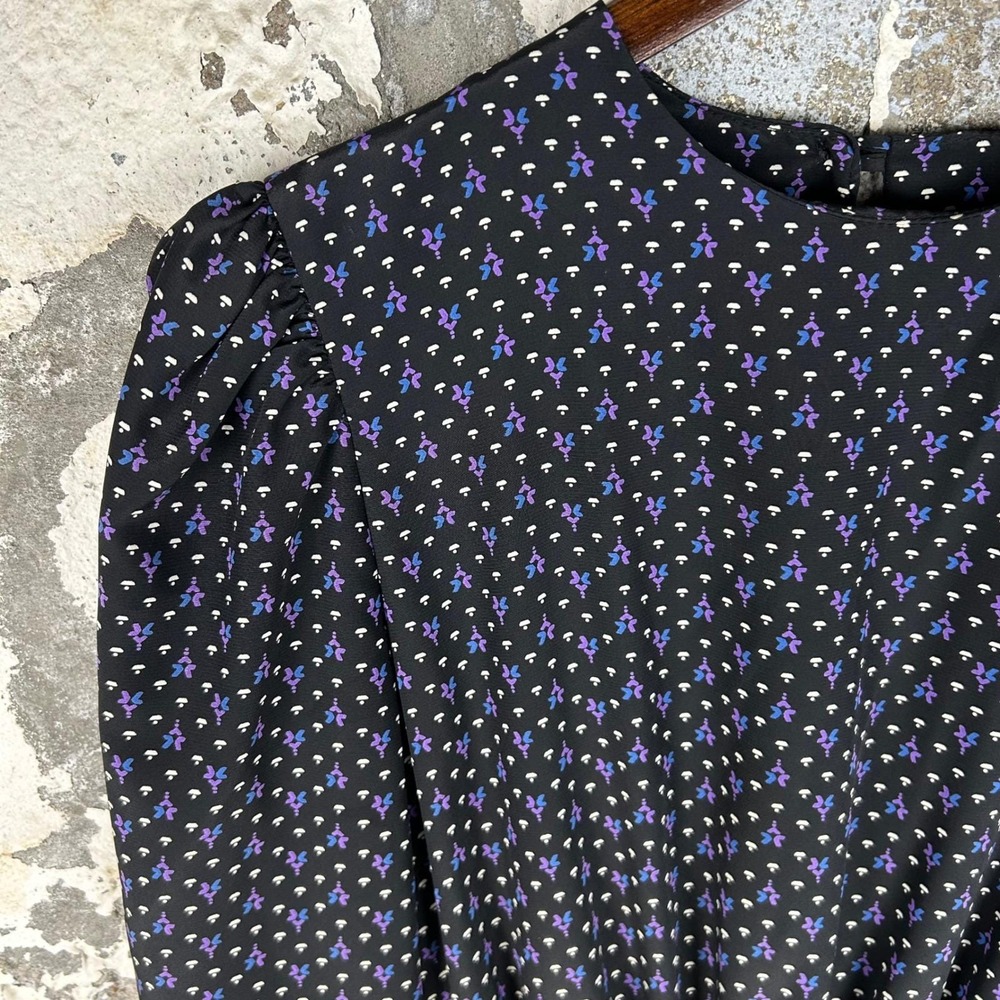 Vintage 80's JT Dress Vintage Midi Dress Womens Black Purple Micro Print Belted - Picture 4 of 8